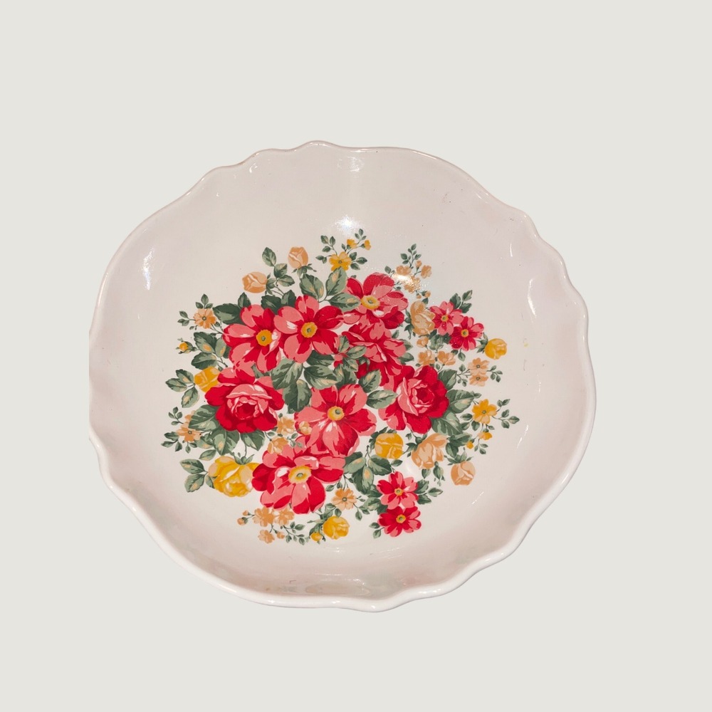 The Pioneer Woman Vintage Floral Scalloped Serving Bowl White Red Ceramic 13 in